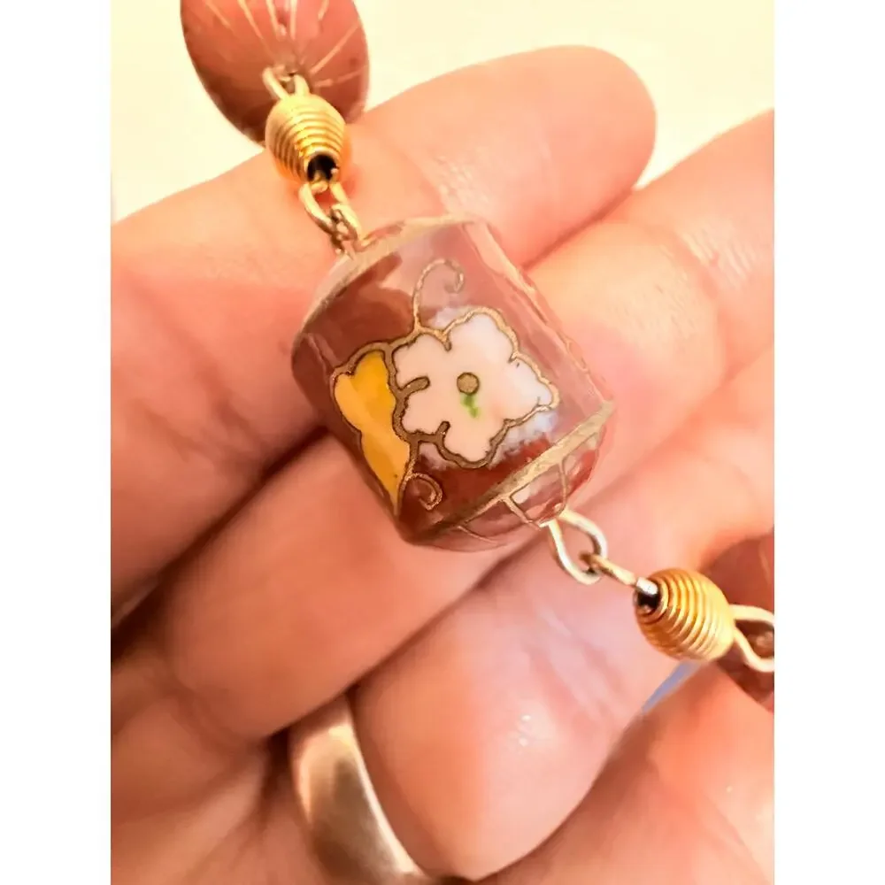 Vintage 30” Brown Cloisonné Barrel Bead Necklace